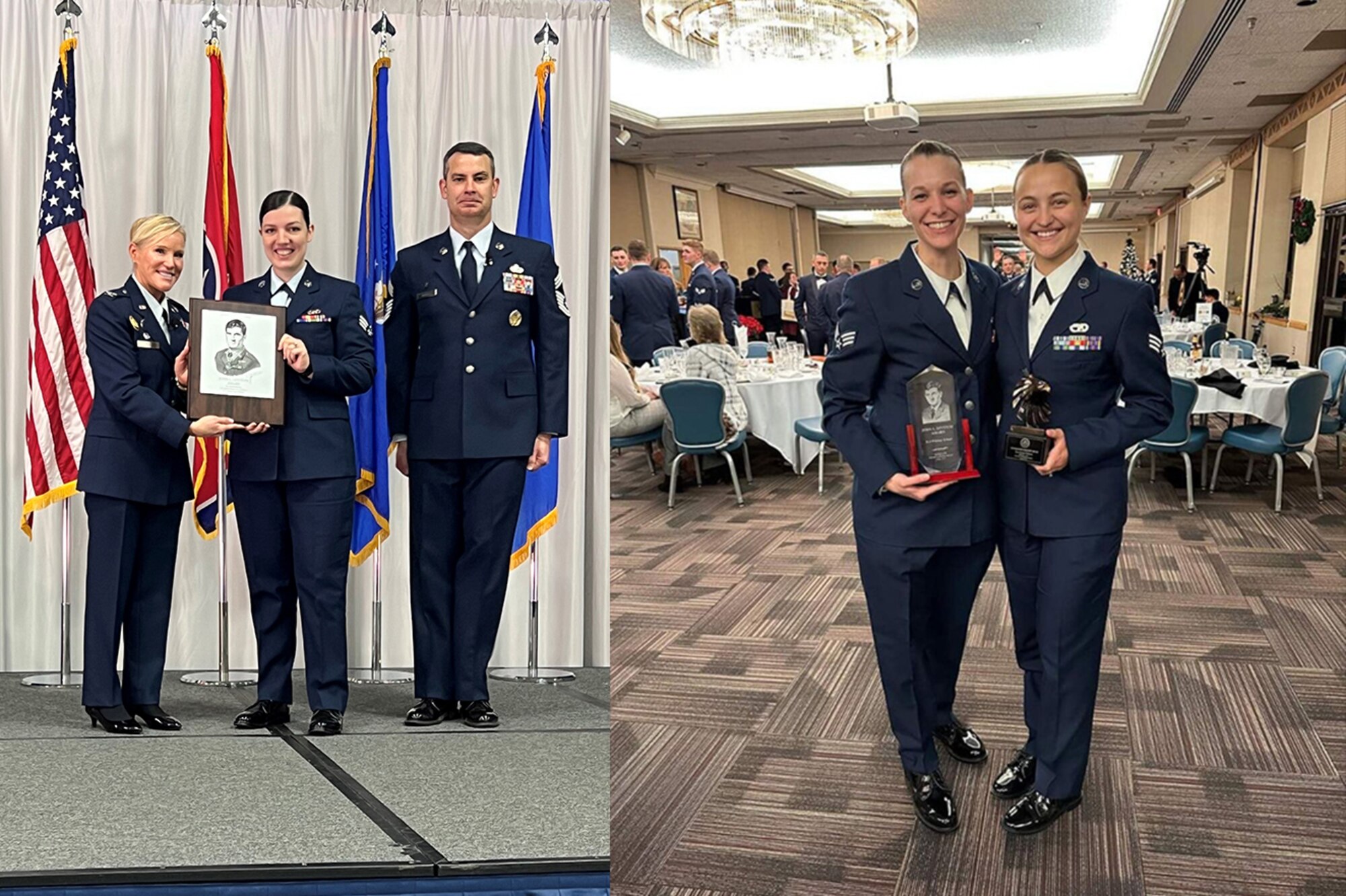 In this photo collage, U.S. Air Force Airmen pose for photos during award presentations at professional military education graduation ceremonies. The Airmen are wearing service dress uniforms.
