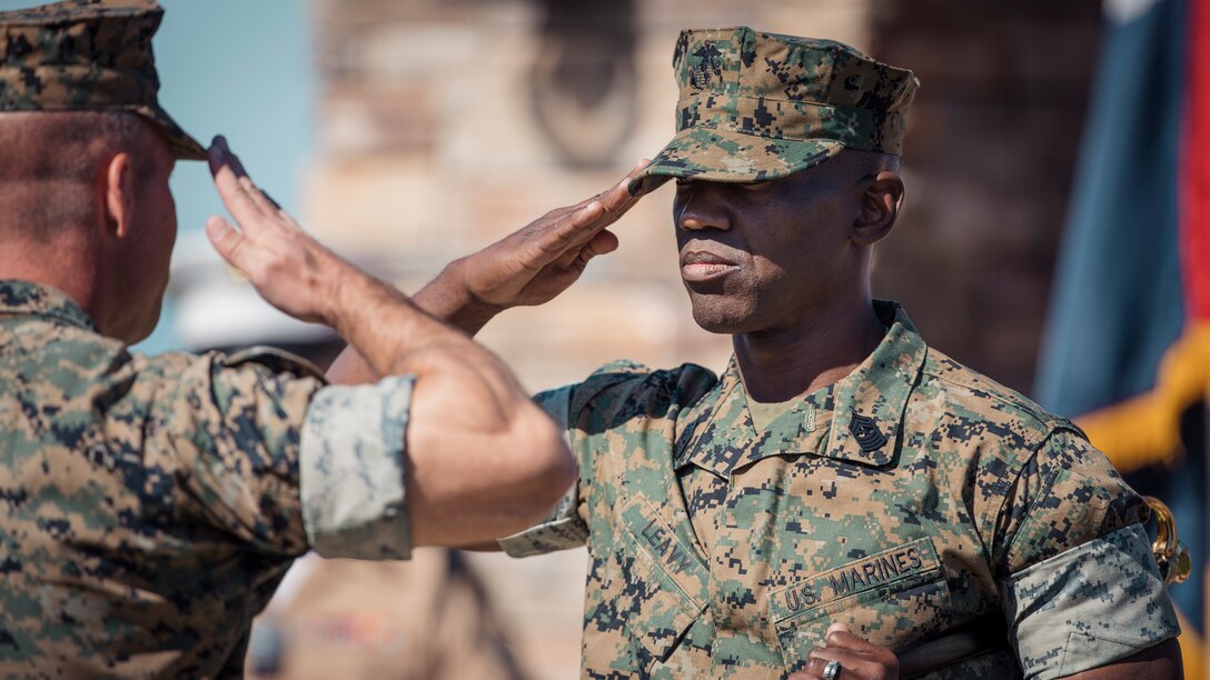 During the ceremony, Leavy relinquished his post to Sgt. Maj. John Schlaud, after serving as the 15th MEU sergeant major since June 2021. (U.S. Marine Corps photo by Gunnery Sgt. Donald Holbert)