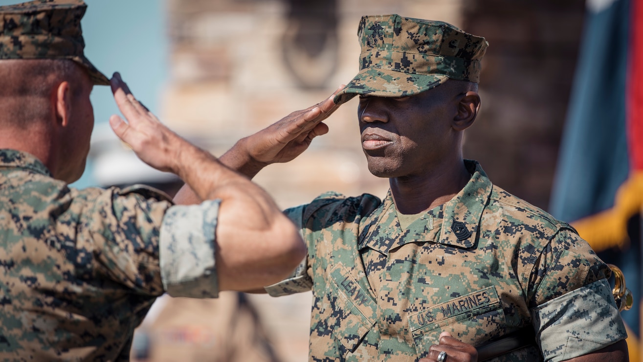 During the ceremony, Leavy relinquished his post to Sgt. Maj. John Schlaud, after serving as the 15th MEU sergeant major since June 2021. (U.S. Marine Corps photo by Gunnery Sgt. Donald Holbert)