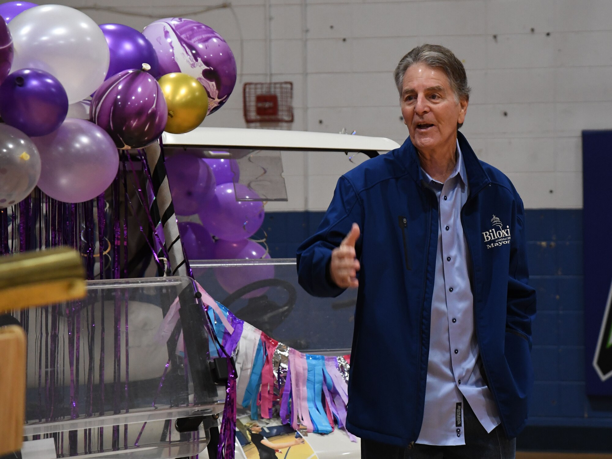 Mayor Andrew "FoFo" Gilich, Biloxi, Mississippi mayor, delivers remarks during a pep rally inside the Youth Center at Keesler Air Force Base, Mississippi, April 7, 2023.