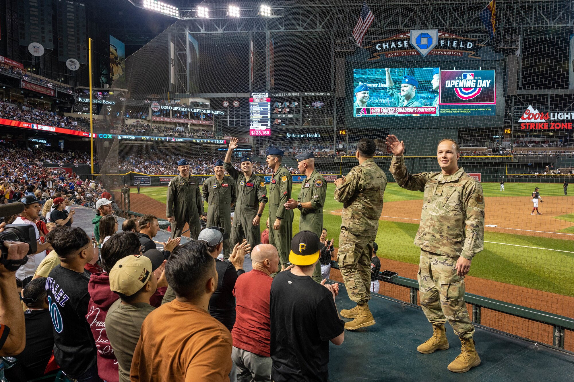 U.S. Air Force Airmen assigned to the 56th Fighter Wing and 944th FW, Luke Air Force Base, Arizona, are recognized by the Arizona Diamondbacks during their opening day, April 6, 2023, at Chase Field, Arizona.