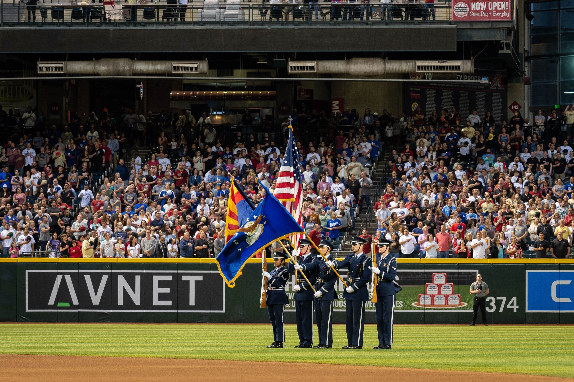 Guardsmen of the Luke Air Force Base Honor Guard present colors during the Arizona Diamondbacks’ Opening Day, April 6, 2023, at Chase Field, Arizona.
