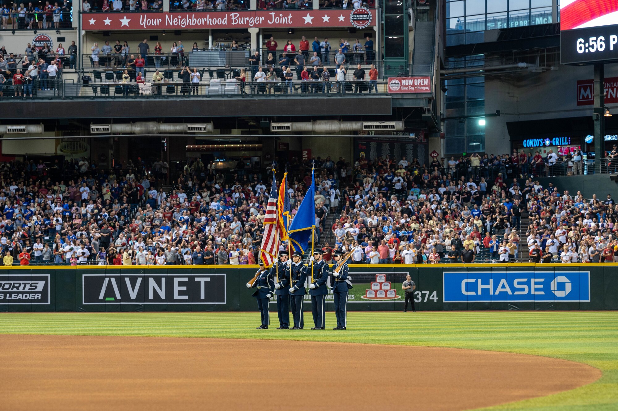 Guardsmen of the Luke Air Force Base Honor Guard present colors during the Arizona Diamondbacks’ Opening Day, April 6, 2023, at Chase Field, Arizona.