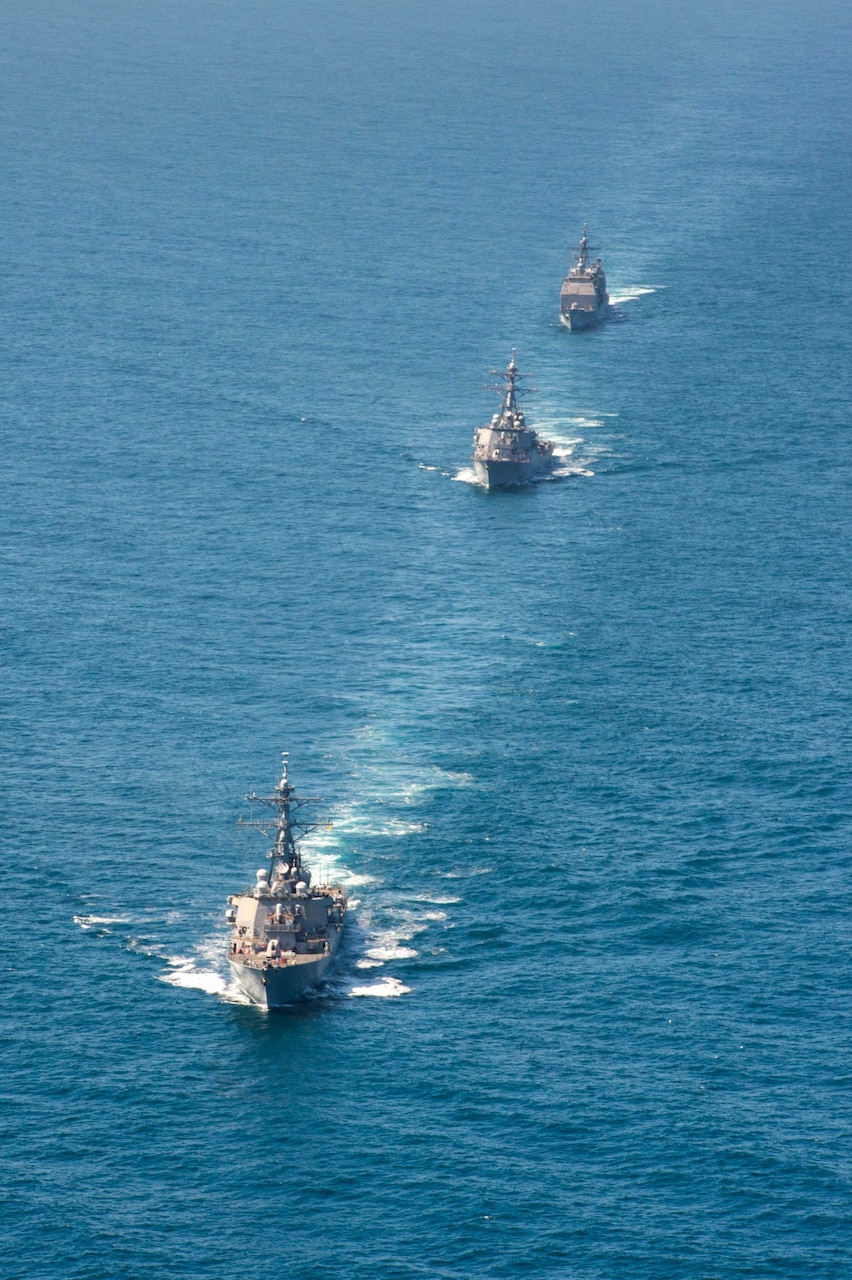 USS Princeton (CG 59), USS Stethem (DDG 63) and USS Hopper (DDG 70) prepare to participates in an integrated live-fire event during Group Sail.