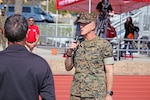 Marine Corps Base Camp Pendleton Commanding General Brigadier General Jason Woodworth addresses the teams during the Opening Ceremony of the 2023 Armed Forces Men's Soccer Championship hosted by Marine Corps Base Camp Pendleton, California from April 4-11.  The Armed Forces Championship features teams from the Army, Marine Corps, Navy (with Coast Guard runners), and Air Force (with Space Force Runners).  Department of Defense Photo by Mr. Steven Dinote - Released.