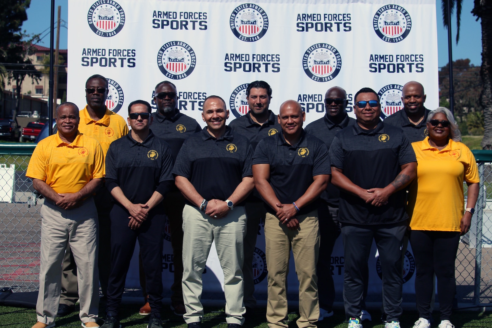 Members of the 1998 All-Marine Soccer team join the opening ceremony of the 2023 Armed Forces Men's Soccer Championship hosted by Marine Corps Base Camp Pendleton, California from April 4-11.  The Armed Forces Championship features teams from the Army, Marine Corps, Navy (with Coast Guard runners), and Air Force (with Space Force Runners).  Department of Defense Photo by Mr. Steven Dinote - Released.