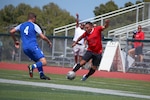 Newly promoted Marine Sgt. Carlos Vazquez-Perez of MCB Camp Pendleton, Calif. scored the winning goal to ground the Air Force during extra time of match 4 featuring USMC v USAF of the 2023 Armed Forces Men’s Soccer Championship held at the Paige Fieldhouse Marine Corps Base Camp Pendleton, California on 7 April 2023.  The Armed Forces Men's Soccer Championship hosted by Marine Corps Base Camp Pendleton, California from April 4-11.  The Armed Forces Championship features teams from the Army, Marine Corps, Navy (with Coast Guard runners), and Air Force (with Space Force Runners).  Department of Defense Photo by Mr. Steven Dinote - Released.