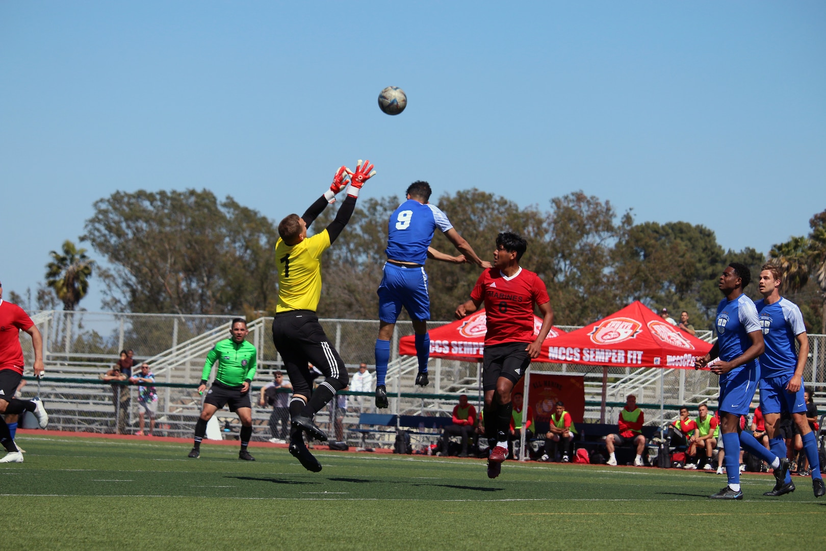 Marine Corps goalie 1st Lt. Brock Glehs Barbeau of MCB Camp Lejeune, N.C. reaches for the ball during match 4 featuring USMC v USAF of the 2023 Armed Forces Men’s Soccer Championship held at the Paige Fieldhouse Marine Corps Base Camp Pendleton, California on 7 April 2023.  The Armed Forces Men's Soccer Championship hosted by Marine Corps Base Camp Pendleton, California from April 4-11.  The Armed Forces Championship features teams from the Army, Marine Corps, Navy (with Coast Guard runners), and Air Force (with Space Force Runners).  Department of Defense Photo by Mr. Steven Dinote - Released.