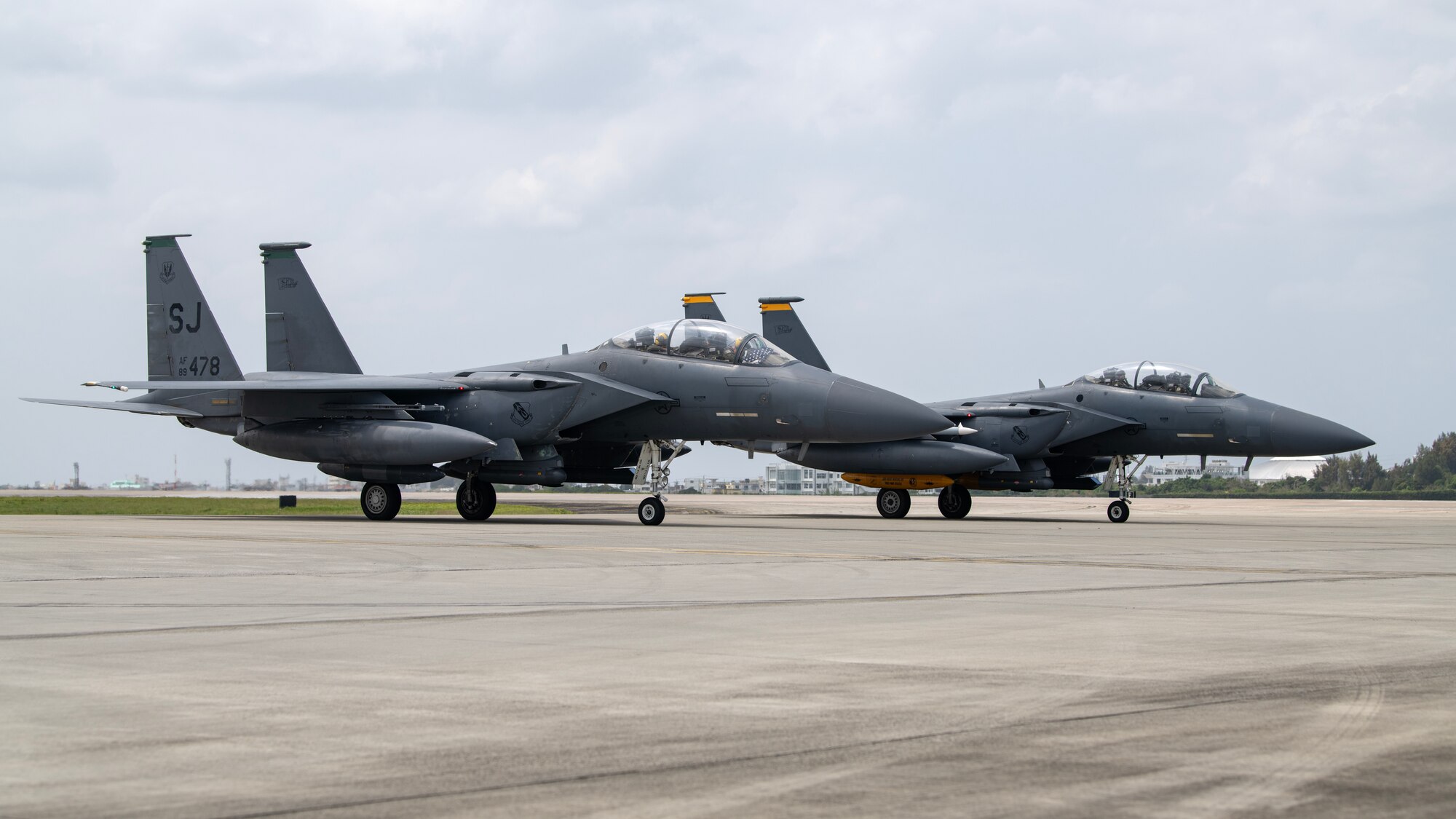 F-15E Strike Eagles assigned to the 336th Fighter Squadron arrive at Kadena Air Base, Japan, April 8, 2023. The Strike Eagles arrived from Seymour Johnson Air Force Base, North Carolina, to ensure continuous fighter presence through the phased return of Kadena’s fleet of F-15C/D Eagles to the United States. (U.S. Air Force photo by Senior Airman Jessi Roth)