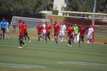 Marine Staff Sgt. Stephen Whisnant of MCB Camp Pendleton, Calif. scores the Marines' first goal of match 5 featuring USMC v Navy of the 2023 Armed Forces Men’s Soccer Championship held at the Paige Fieldhouse Marine Corps Base Camp Pendleton, California on 9 April 2023.  The Armed Forces Men's Soccer Championship hosted by Marine Corps Base Camp Pendleton, California from April 4-11.  The Armed Forces Championship features teams from the Army, Marine Corps, Navy (with Coast Guard runners), and Air Force (with Space Force Runners).  Department of Defense Photo by Mr. Steven Dinote - Released.