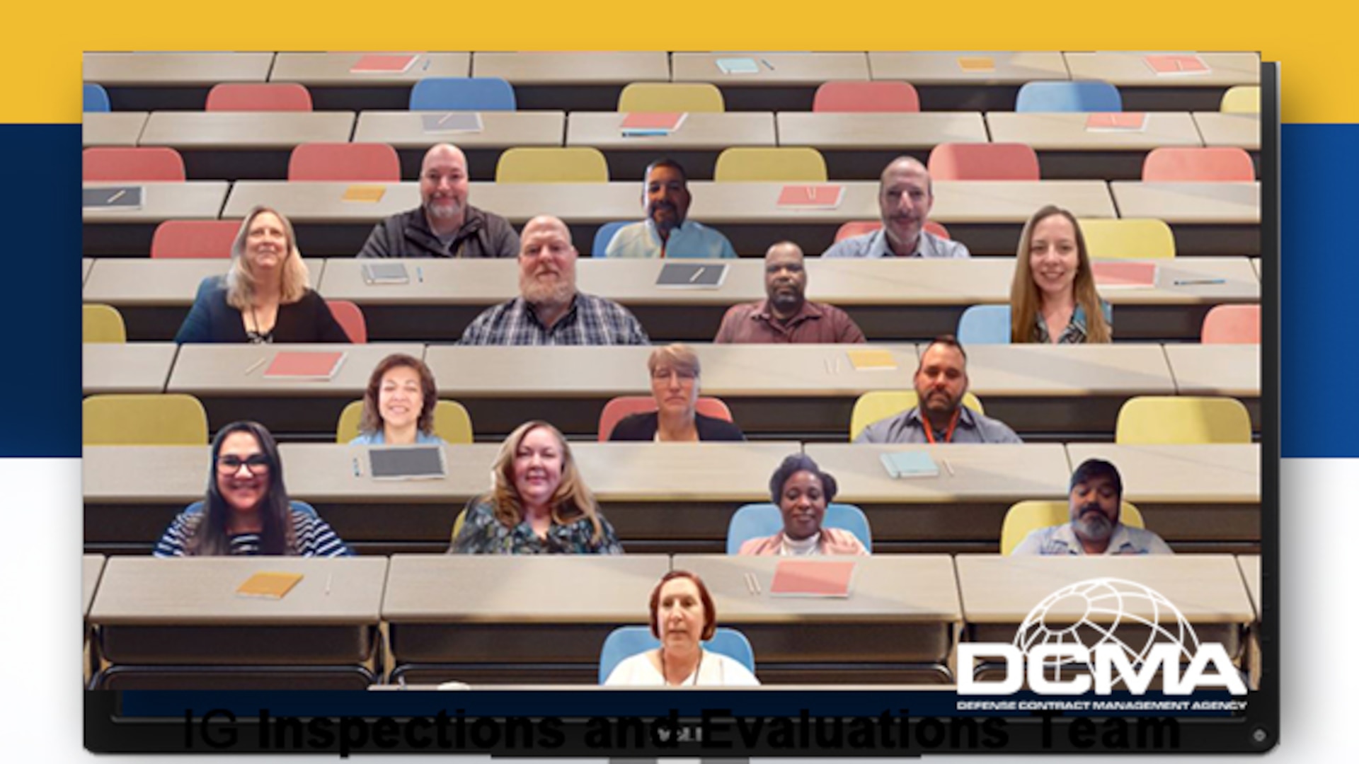 A graphic with the DCMA logo containing a screenshot from a virtual meeting showing the members sitting at desks.