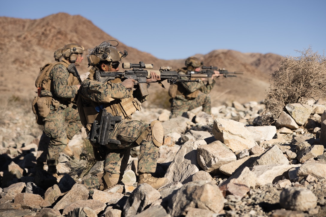 U.S. Marines with 3rd Littoral Combat Team, 3rd Marine Littoral Regiment, 3rd Marine Division, conduct Range 410A, a platoon-level training event, during Marine Littoral Regiment Training Exercise at Marine Corps Air Ground Combat Center Twentynine Palms, California, Feb. 7, 2023. MLR-TE is a large-scale, service-level exercise designed to train, develop, and experiment with the 3rd MLR as part of a Marine Air-Ground Task Force, led by 3rd Marine Division, operating as a Stand-in Force across a contested and distributed maritime environment.