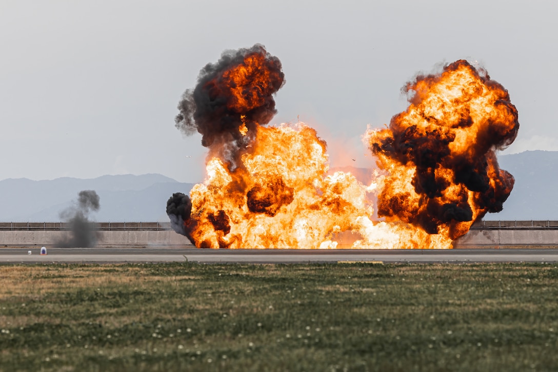An explosive charge detonates during ordnance training in preparation for Friendship Day 2023, at Marine Corps Air Station Iwakuni, Japan, March 26, 2023. The MCAS Iwakuni Explosive Ordnance Disposal team has been conducting various controlled explosions since December 2022 in preparation for Friendship Day 2023.