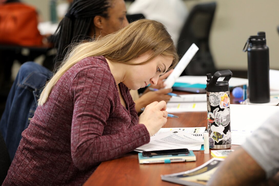 A student completes a practical exercise during a tier 2 Ask, Care, Escort – Suicide Prevention training event held at the 85th U.S. Army Reserve Support Command headquarters, April 4-6, 2023.