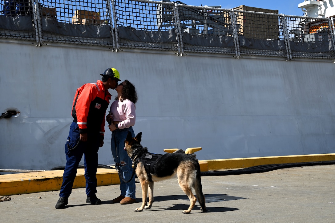 Family members reunite with Coast Guard Cutter Waesche (WMSL 751) crewmembers after the cutter returned home to Base Alameda, California, following a 90-day counternarcotics patrol, March 31, 2023. Waesche’s crew interdicted two suspected drug-smuggling vessels while patrolling international waters of the Eastern Pacific Ocean, resulting in the seizure of approximately 881 pounds of cocaine and 9,500 pounds of marijuana. (U.S. Coast Guard photo by Chief Petty Officer Matthew Masaschi)