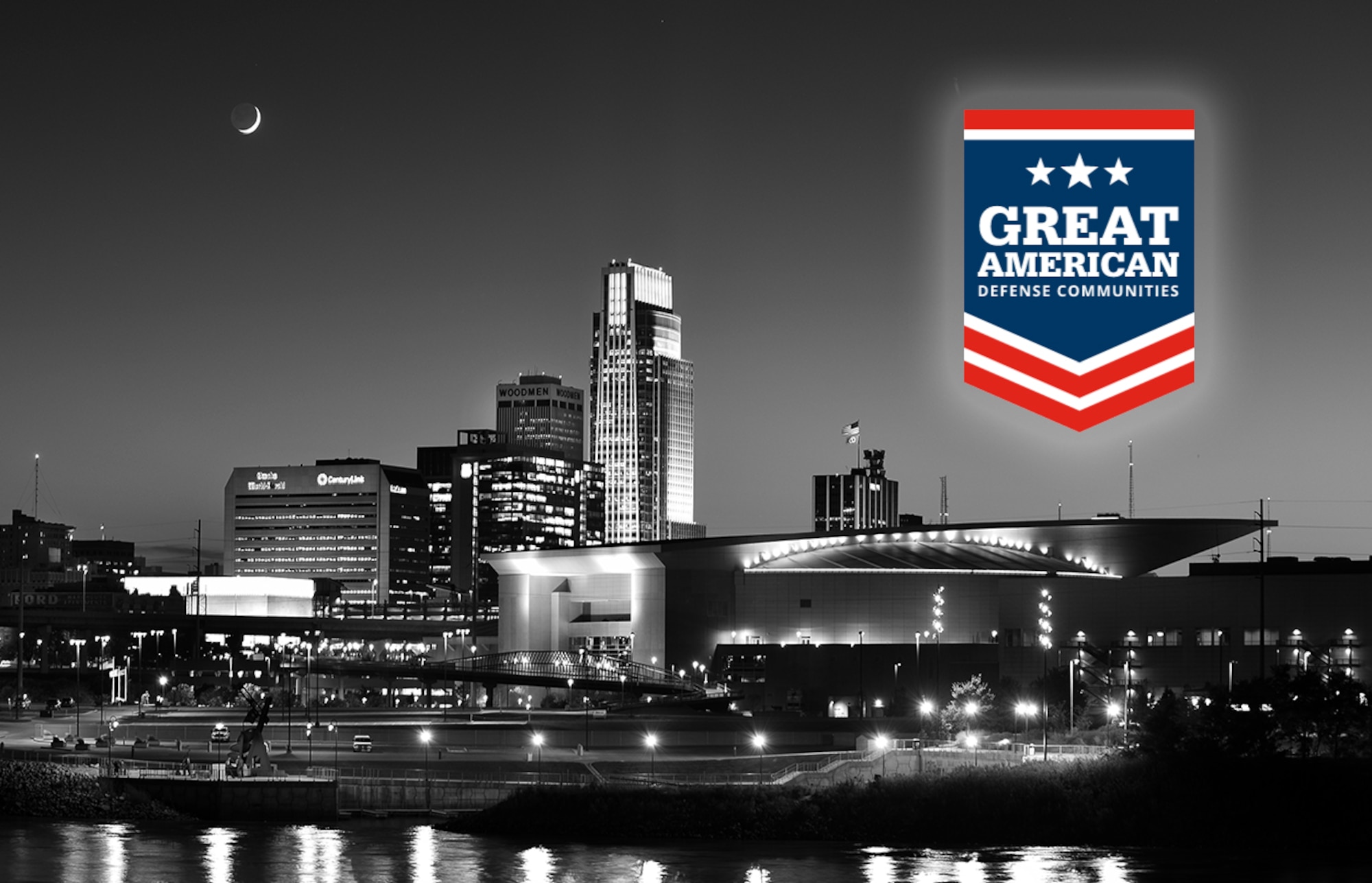 Black and white night time shot of Omaha Nebraska's skyline.