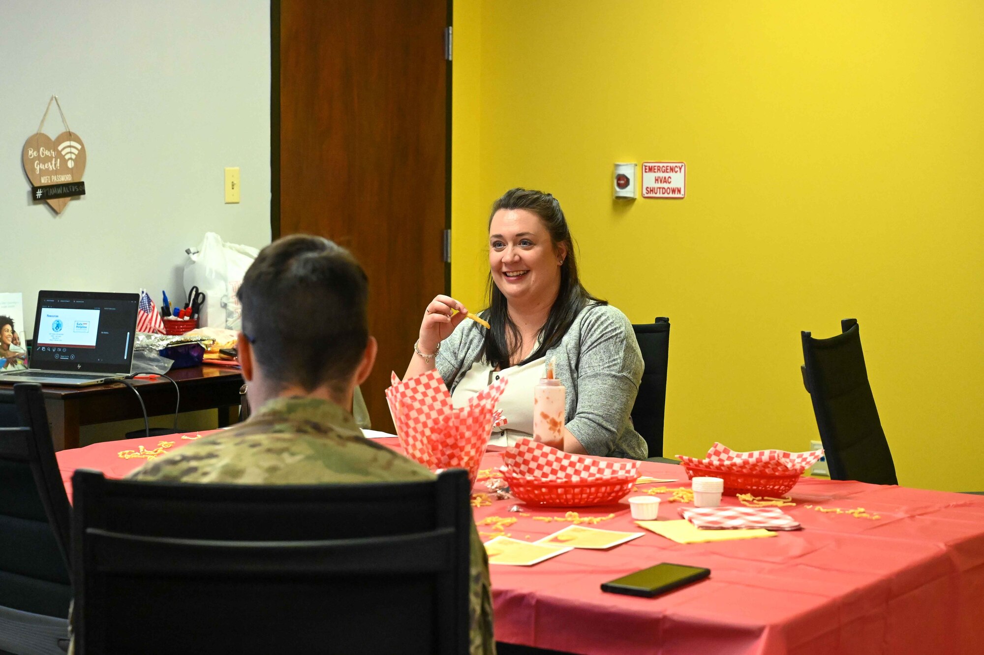 Leah Harris, Sexual Assault Response Coordinator, talks to attendees of the “Consent is like FRIES” class at Altus Air Force Base, Oklahoma, April 7, 2023. Harris and the Sexual Assault Prevention and Response team are also hosting a “Drive Out Sexual Assault” event at the base driving range April 26, 2023. (U.S. Air Force photo by Airman 1st Class Kari Degraffenreed)
