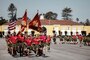 New U.S. Marines with Alpha Company, 1st Recruit Training Battalion, are led by company leaders during a motivational run at Marine Corps Recruit Depot (MCRD) San Diego, April 6, 2023.