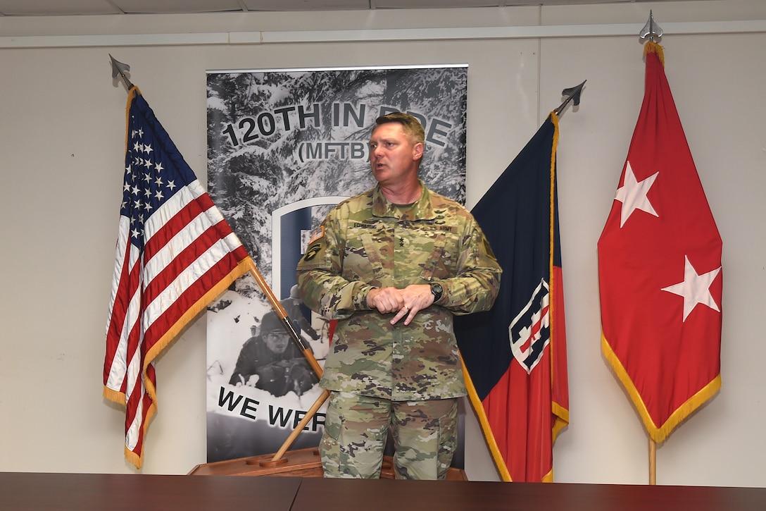 Maj. Gen. Joseph Edwards, Commanding General, First Army Division West, gives opening remarks at U.S. Army Reserve Master Sgt. Daniel Chafin’s Purple Heart ceremony, April 05, 2023, at First Army Division West headquarters on Fort Hood, Texas.
