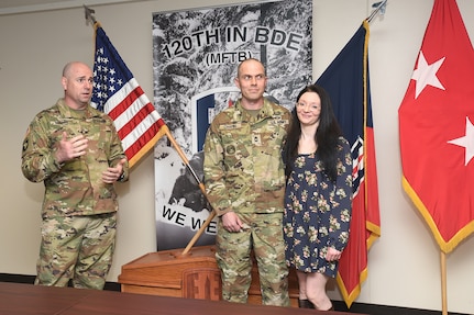 Col. Paul Bonano, left, Commander, 120th Multi-Functional Training Brigade, gives remarks at Army Reserve Master Sgt. Daniel Chafin’s Purple Heart ceremony, April 05, 2023, at First Army Division West headquarters on Fort Hood, Texas.