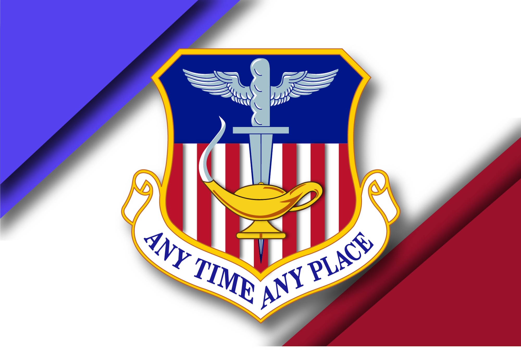 1st Special Operations Wing shield on rectangle graphic with blue upper left corner, red lower right corner, and white background between.