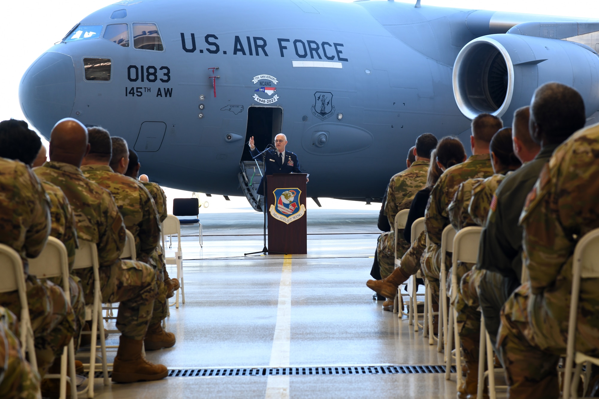 Brig. Gen. Allan R. Cecil speaks to the audience at the NCANG 75th Anniversary and Ribbon Cutting ceremony.