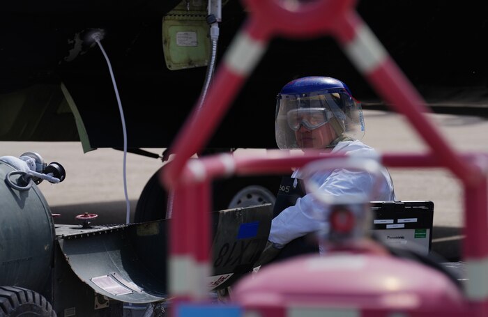 A U.S. Air Force 9th Aircraft Maintenance Squadron electrical and environmental systems craftsman supplies Liquid Oxygen (LOX) into a U-2 Dragon Lady during Dragon Flag EAST, March 29, 2023, at Offutt Air Force Base, Nebraska.