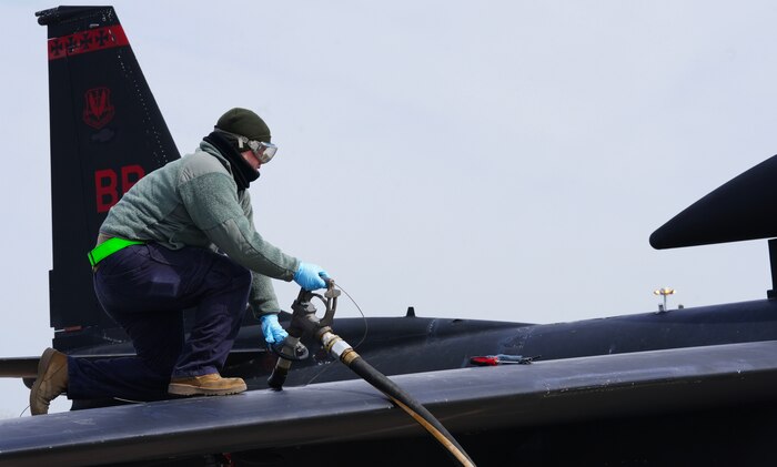 A U.S. Air Force 9th Aircraft Maintenance Squadron crew chief fuels a U-2 Dragon Lady during Dragon Flag EAST, March 29, 2023, at Offutt Air Force Base, Nebraska.
