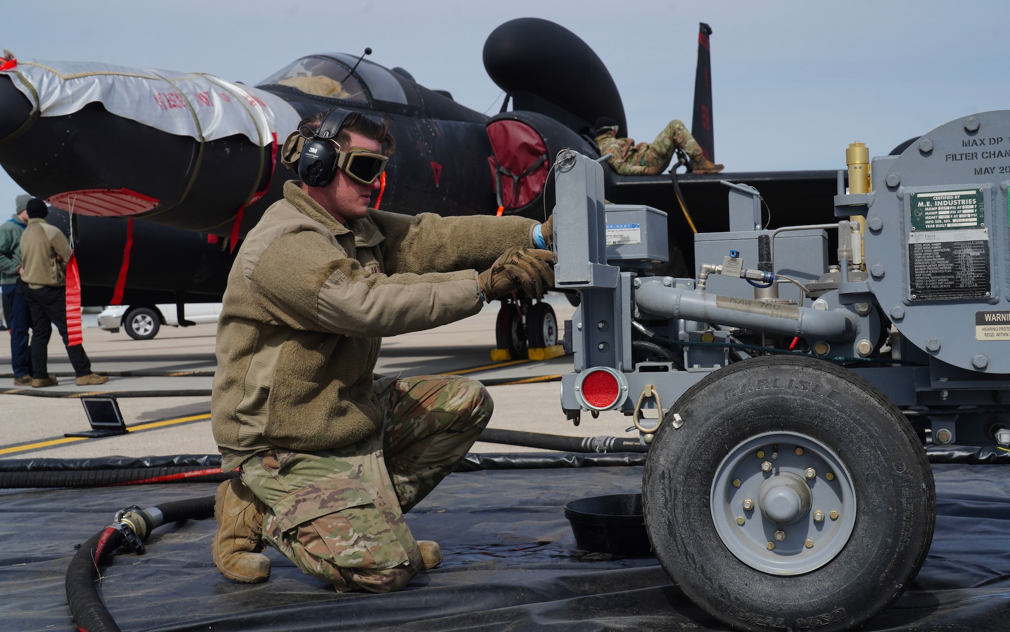 U.S. Air Force 9th Reconnaissance Wing Airmen fuel a U-2 Dragon Lady during Dragon Flag EAST, March 29, 2023, at Offutt Air Force Base, Nebraska.