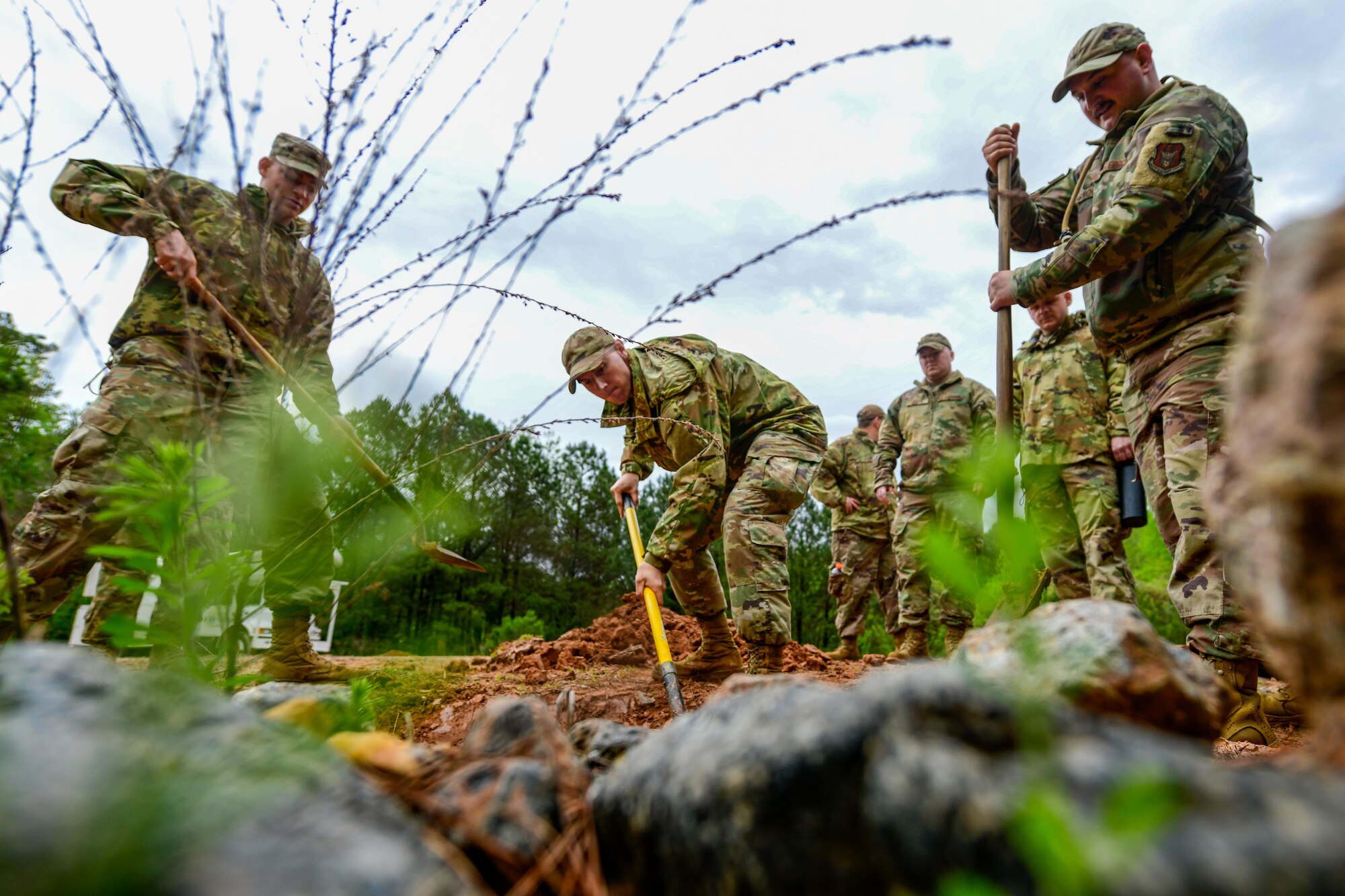 Reserve Citizen Airmen, assigned to the 910th Civil Engineer Squadron, dig a defensive fighting position, April 1, 2023, at Dobbins Air Reserve Base, Georgia.