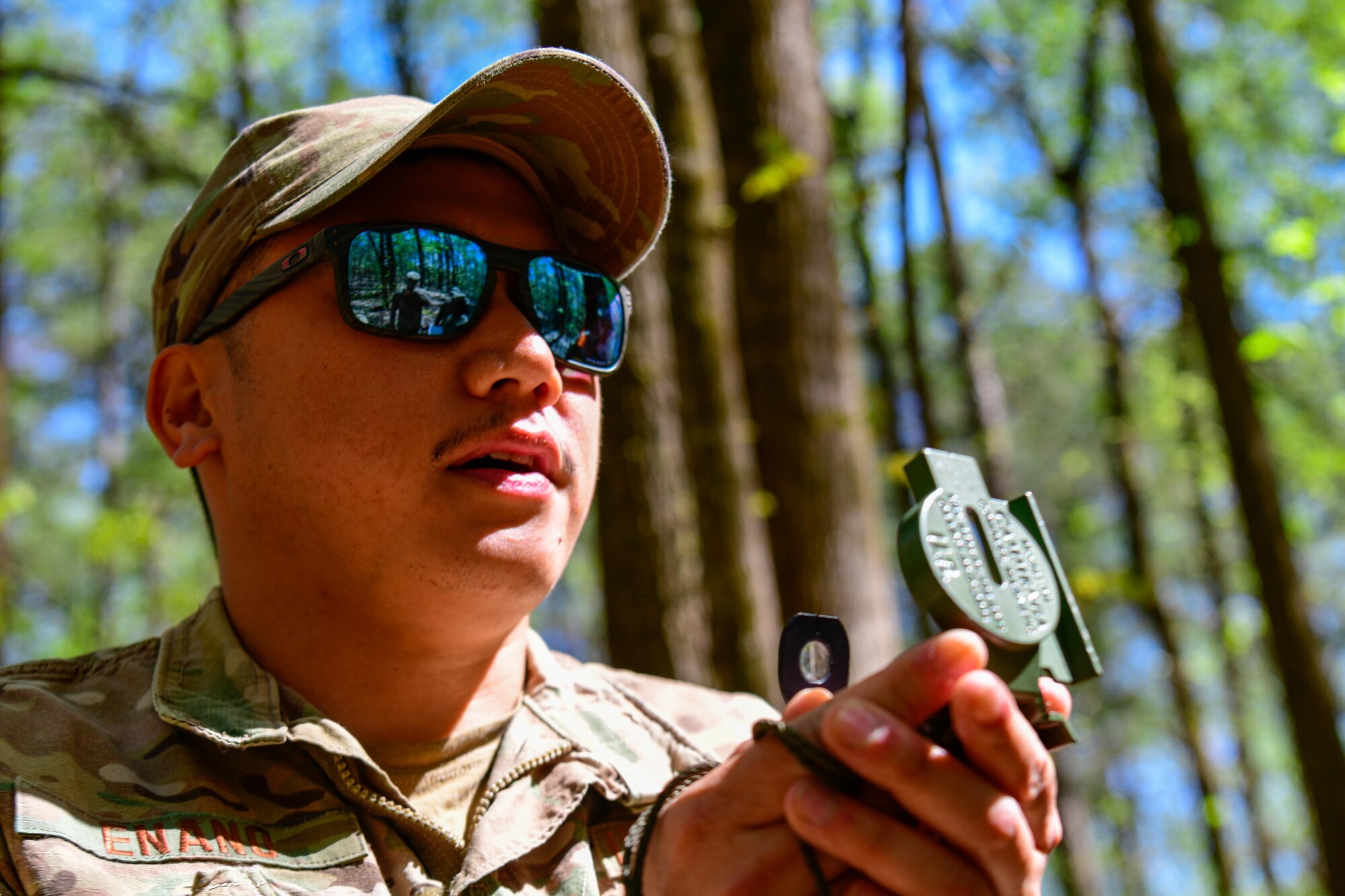 Tech. Sgt. Noah Enano, an electrical systems journeyman with the 910th Civil Engineer Squadron, traverses a land navigation course, April 1, 2023, at Dobbins Air Reserve Base, Georgia.