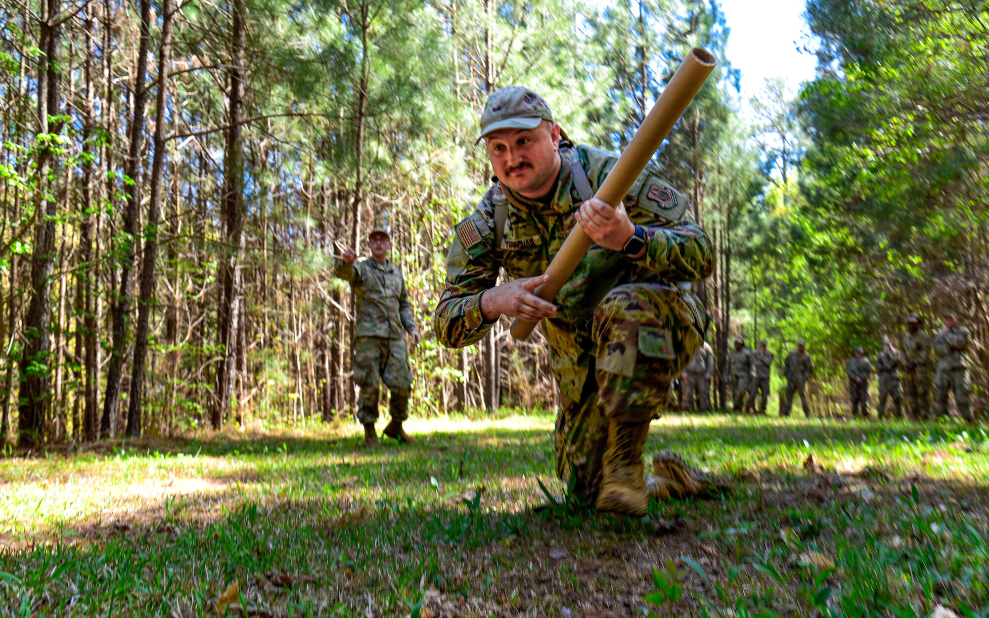 Senior Airman Brandon Strachan, an HVAC helper with the 910th Civil Engineer Squadron, practices a tactical combat movement, April 1, 2023, at Dobbins Air Reserve Base, Georgia.