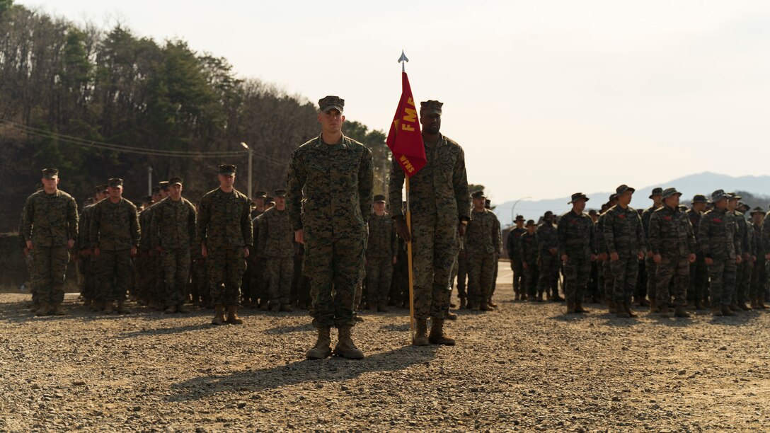 U.S. Marines with 3rd Battalion, 6th Marines, and Republic of Korea (ROK) Marines with 3rd Battalion, 1st Regiment, 2nd Marine Division, participate in an opening ceremony marking the beginning of training for Korean Marine Exercise Program 23.3 at Rodriguez Live-fire Complex, Republic of Korea, March 27, 2023. KMEP is a series of continuous-combined training exercises designed to enhance the ROK-U.S. Alliance, promote stability on the Korean Peninsula, and strengthen combined military capabilities and interoperability. 3rd Battalion, 6th Marines is forward deployed in the Indo-Pacific under 4th Marines, 3rd Marine Division as part of the Unit Deployment Program. (U.S. Marine Corps photo by Sgt. Mario A. Ramirez)