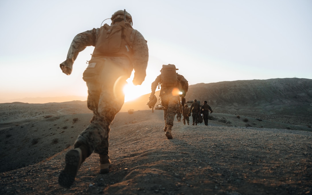 U.S. Marines with 3d Littoral Combat Team, 3d Marine Littoral Regiment, 3d Marine Division, conduct call-for-fire missions during Marine Littoral Regiment Training Exercise (MLR-TE) at Marine Corps Air Ground Combat Center Twentynine Palms, California, Feb. 5, 2023. MLR-TE is a large-scale, service-level exercise designed to train, develop, and experiment with the 3d MLR as part of a Marine Air-Ground Task Force, led by 3d Marine Division, operating as a Stand-in Force across a contested and distributed maritime environment. (U.S. Marine Corps photo by Sgt. Patrick King)