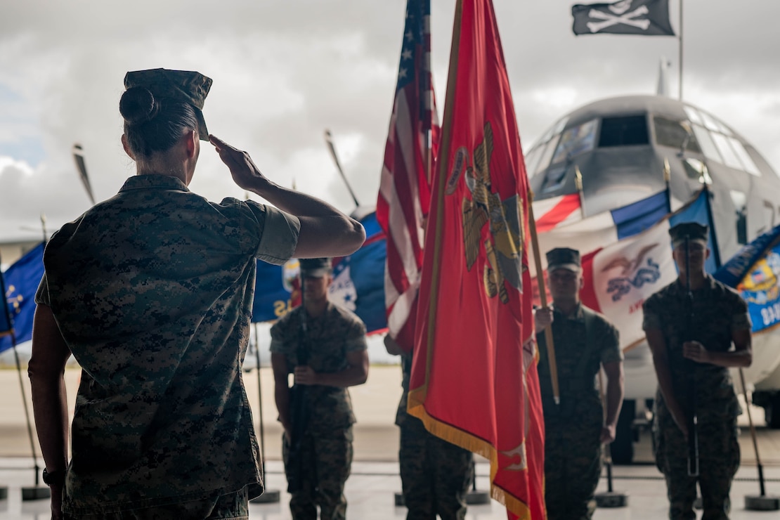 U.S. Marine Corps Lt. Col. Courtney O’Brien, commanding officer of Marine Aerial Refueler Transport Squadron 352, Marine Aircraft Group 11, 3rd Marine Aircraft Wing, salutes the color guard during the squadron’s 80th birthday on Marine Corps Air Station Miramar, California, March 30, 2023. The Marines of VMGR-352 celebrated 80 years of dedicated service and a strong legacy with a commemorative speech and ceremony. O’Brien is a Hanover, Pennsylvania native.