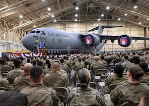 U.S. Air Force Chief of Staff Gen. CQ Brown, Jr., speaks to Airmen from the 105th Airlift Wing during a base all call at Stewart Air National Guard Base, New York April 1, 2023. (U.S. Air National Guard photo by Airman 1st Class Rebekah Wilson)