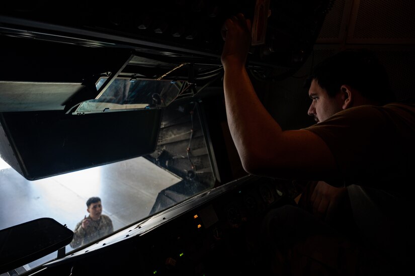 U.S. Air Force Staff Sgt. Rene Gonzalez, 305th Maintenance Squadron dock chief, and Senior Airman Zachary Lane, conduct the final KC-10 Extender inspection at Joint Base McGuire-Dix-Lakehurst, N.J., April 10, 2023.