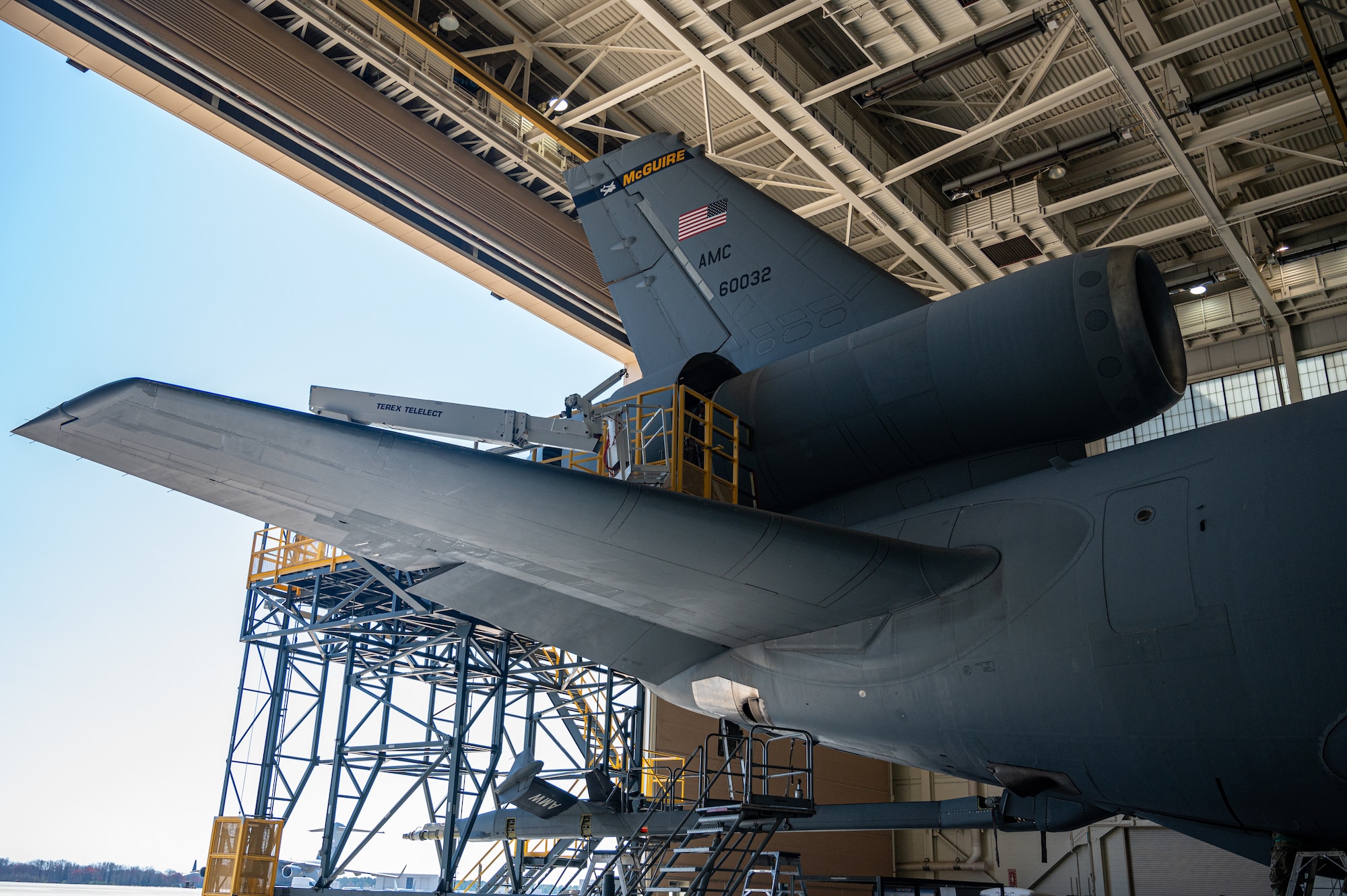 A KC-10 Extender parked inside a hangar during its final inspection at Joint Base McGuire-Dix-Lakehurst, N.J., April 10, 2023.
