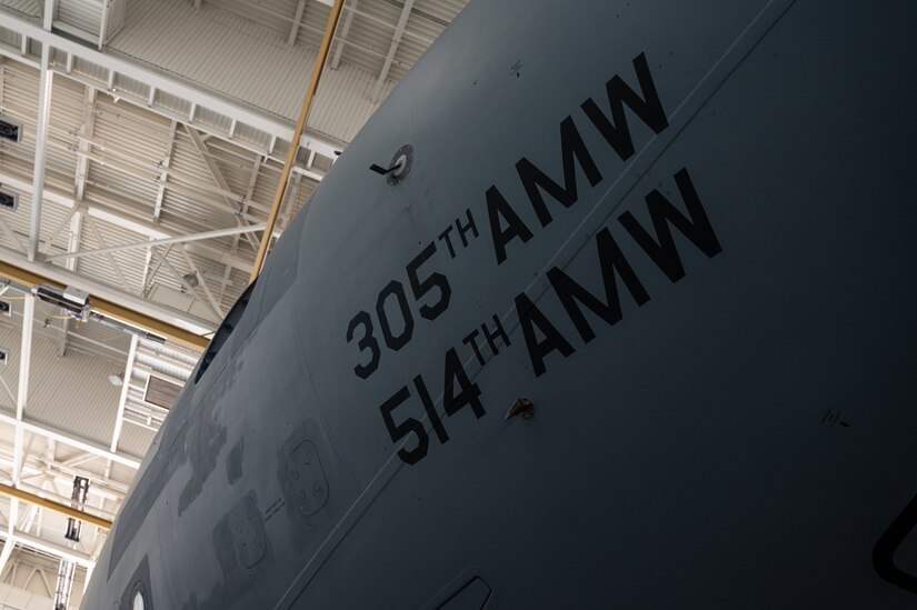 A KC-10 Extender parked inside a hangar during its final inspection at Joint Base McGuire-Dix-Lakehurst, N.J., April 10, 2023.