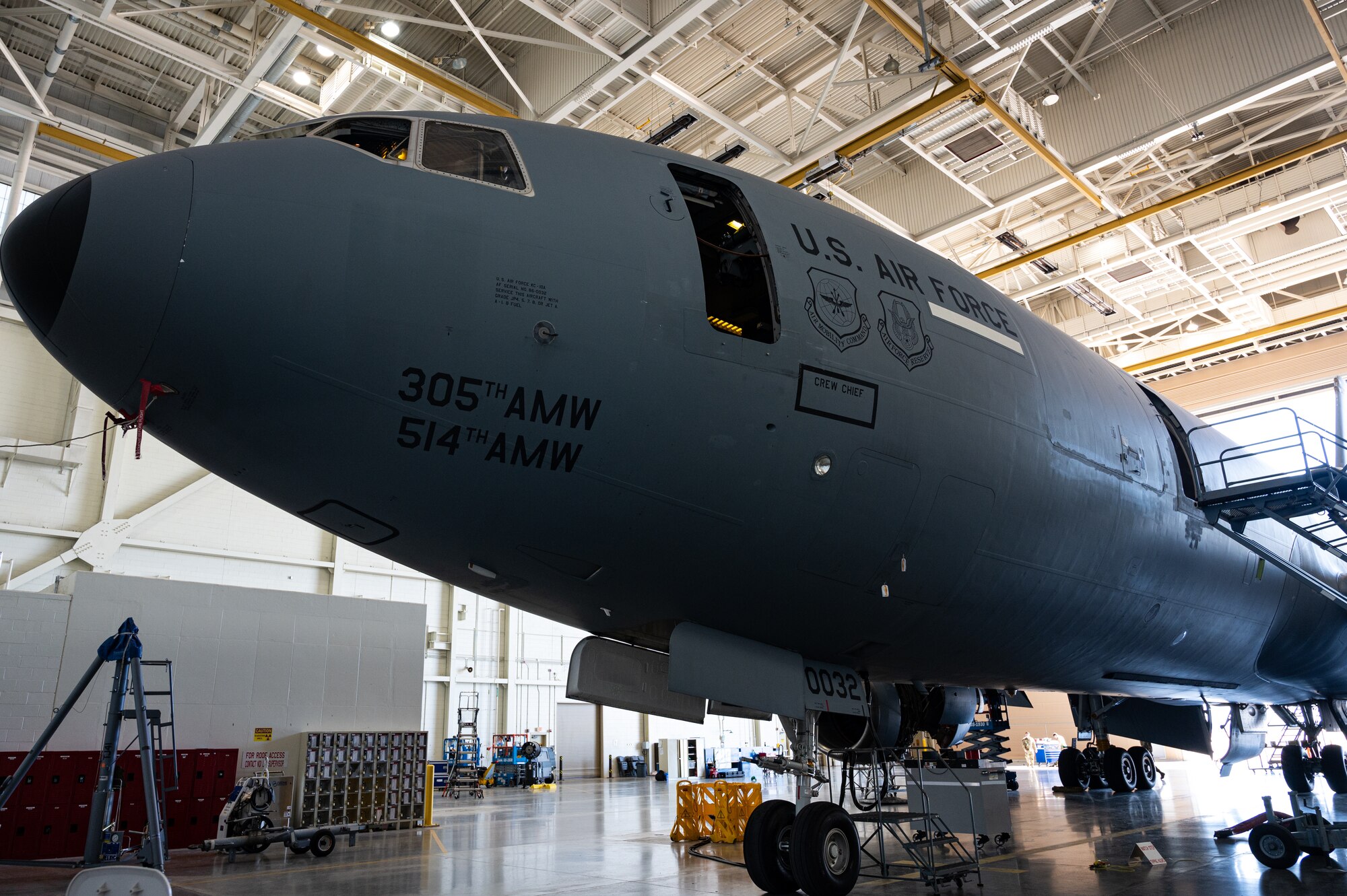 A KC-10 Extender parked inside a hangar during its final inspection at Joint Base McGuire-Dix-Lakehurst, N.J., April 10, 2023.