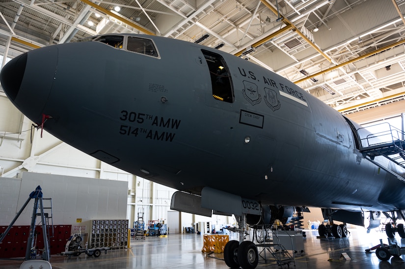 A KC-10 Extender parked inside a hangar during its final inspection at Joint Base McGuire-Dix-Lakehurst, N.J., April 10, 2023.