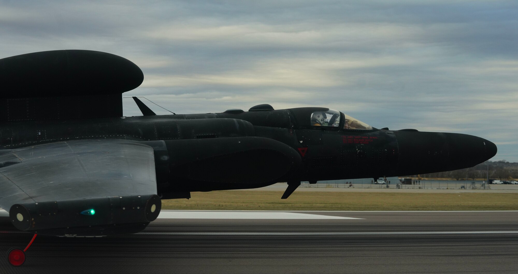 A U.S. Air Force 99th Reconnaissance Squadron U-2 Dragon Lady pilot taxis on the flightline during Dragon Flag EAST, April 3, 2023, at Offutt Air Force Base, Nebraska.