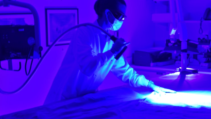 Forensic Scientist examining evidence in the lab with an ultraviolet light