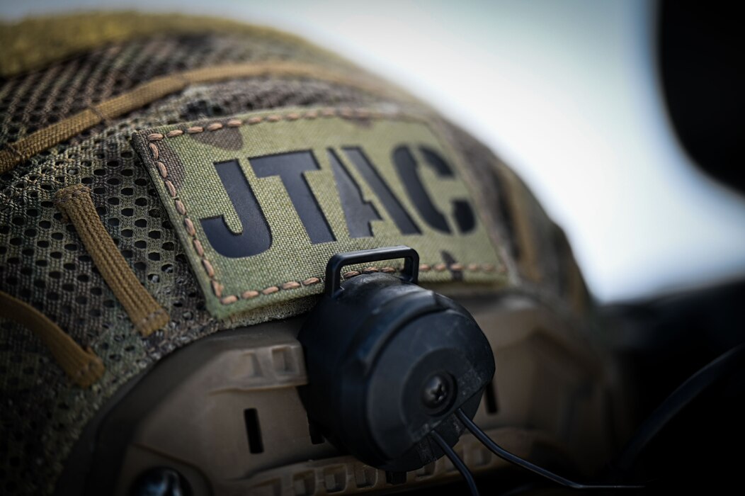 A helmet displays the Joint Terminal Attack Controller patch during an arctic training in Delta Junction, Alaska, March 22, 2023.