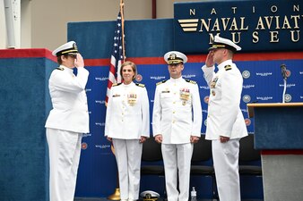 Cmdr. Peter Manzoli relieved Capt. Meredith Schley as commanding officer of Information Warfare Training Command (IWTC) Corry Station during a change of command ceremony held at the National Naval Aviation Museum on Naval Air Station Pensacola, Apr. 7, 2023.