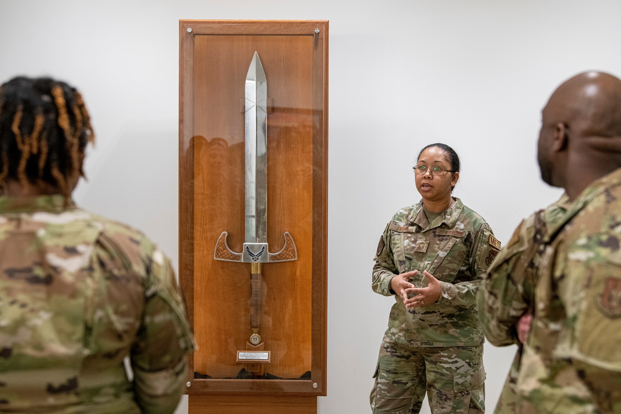 U.S. Air Force Senior Master Sgt. Virginia Wynn, PDC Enlisted Professional Development manager, speaks to students from the NCO Leadership Development course about the importance and history of The Order of the Sword on the last day of class at Robins Air Force Base, Georgia, March 31, 2023.