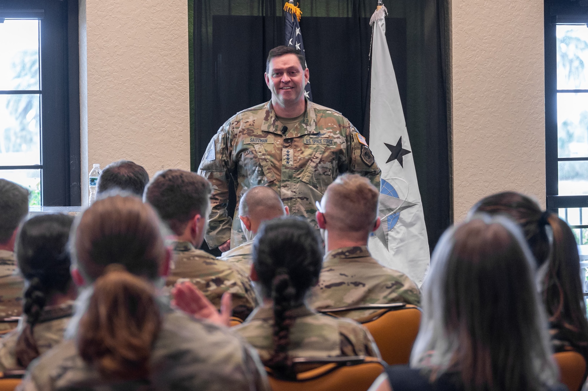 Chief of Space Operations Gen. Chance Saltzman holds a junior Guardian town hall at Patrick Space Force Base, Fla., Apr. 10, 2023. Saltzman coined numerous guardians in recognition of their hard work and dedication to the mission. (U.S. Space Force photo by Senior Airman Dakota Raub)