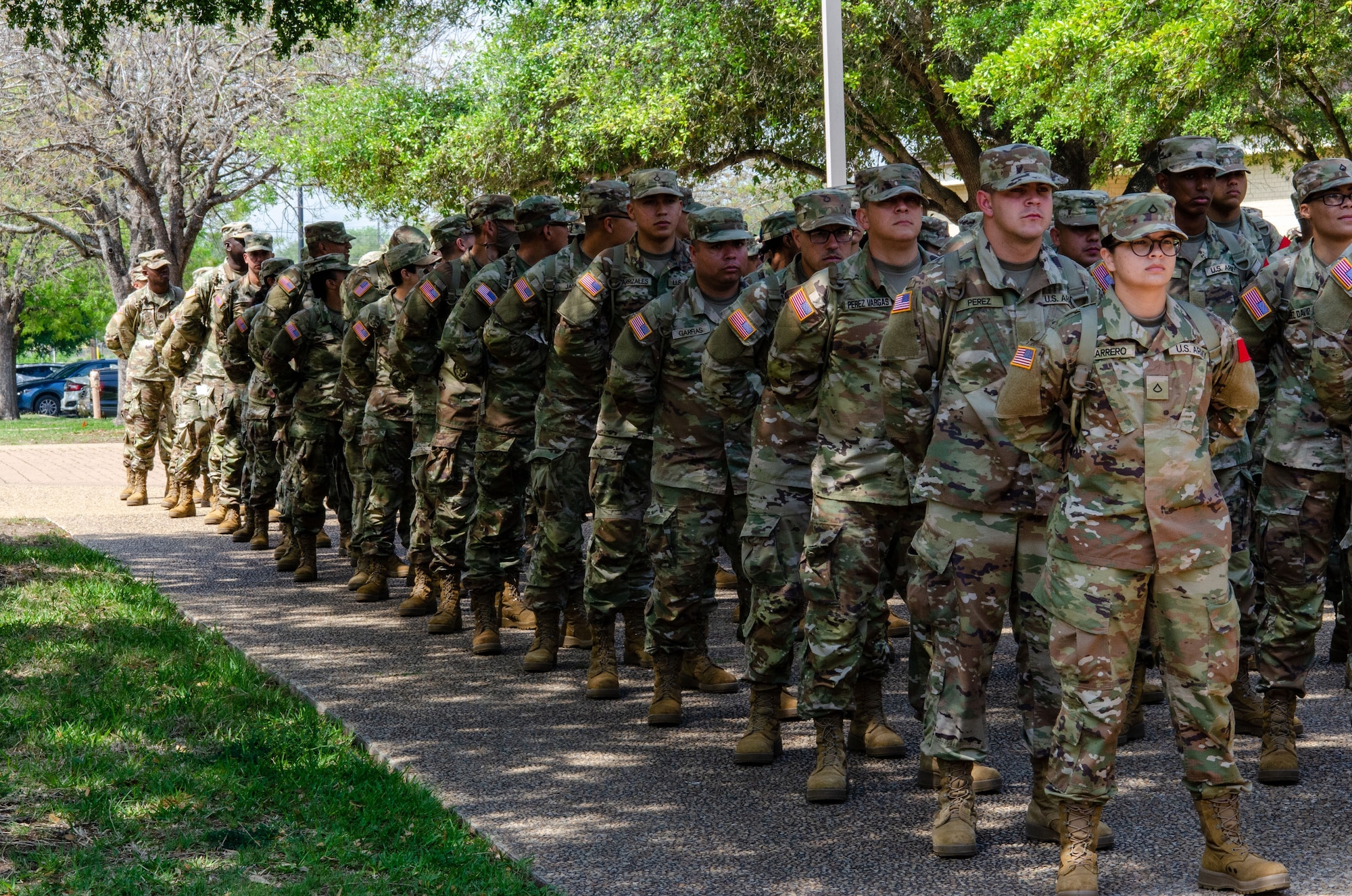 U.S. Army Element Echo Company trainees prepare to attend lunch after their English language courses at the Defense Language Institute English Language Center at Joint Base San Antonio-Lackland, Texas, April 03, 2023. DLIELC is the largest English language training program in the Department of Defense and is a critical training center for members of the United States military. (U.S. Air Force photo by Agnes Koterba)