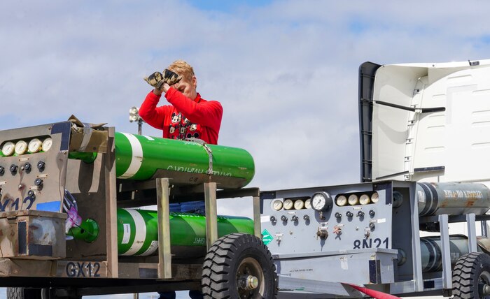U.S. Air Force 9th Logistics Readiness Squadron training management office personnel load operational equipment onto trucks in support of Dragon Flag EAST, March 20, 2023, at Beale Air Force Base, California.