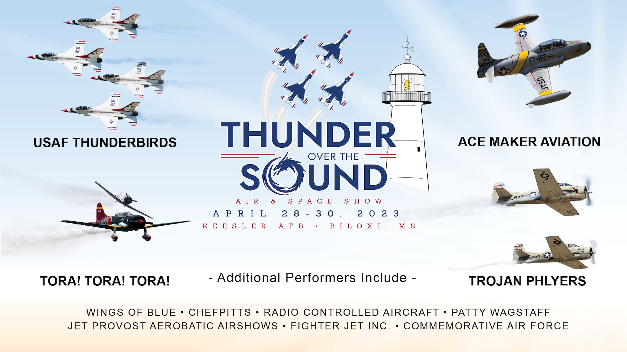 Keesler and Biloxi's 2023 Thunder Over the Sound Air and Space Show performers highlight graphic. (U.S. Air Force graphic by Airman 1st Class Trenten Walters)